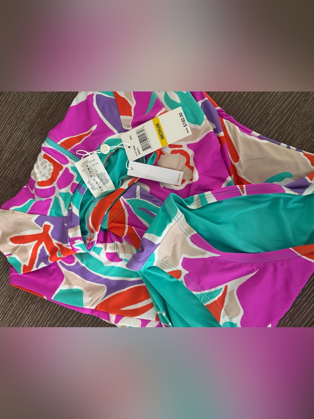 Trina TurkTropical Floral Long-Sleeve Zip Front One-Piece Swimsuit - Pink & Teal - Picture 4 of 7